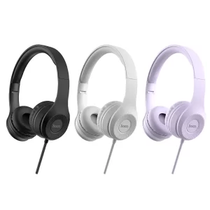 3 wired headphones with 3 different colors; Black, Purple and Grey.