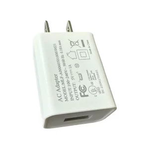 A white 1Amp wall charger US plug