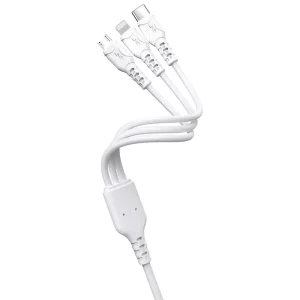 A white 3 in 1 charging cable showing micro. type-C and lightning heads of one side