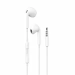 A white 3.5mm Aux earphone with mic and volume control