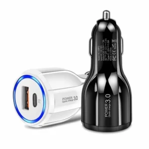 A white and black dual USB and type-C car charger