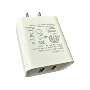 A white dual USB wall charger