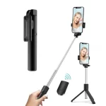 Showing a black extendable Bluetooth selfie stick in 3 different positions.