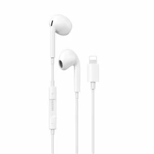 A white lightning earphone with mic and volume control