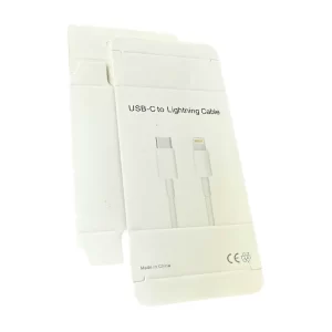 A white type-C to Lightning cable packaging flat open