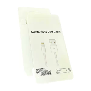 A white lightning to USB cable packaging flat open