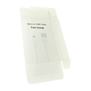 A white micro to USB cable packaging flat open