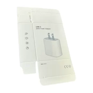 A white type-C wall charger packaging flat open