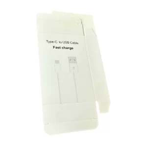 A white type-C to USB cable packaging flat open