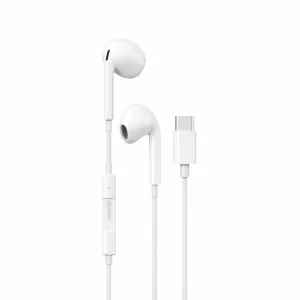 A white type-C earphone with mic and volume control