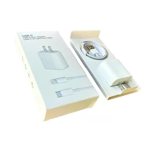 A type-C wall charger and lightning cable with its packaging