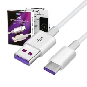 A white 5 amp fast charging type-C to USB cable with its packaging