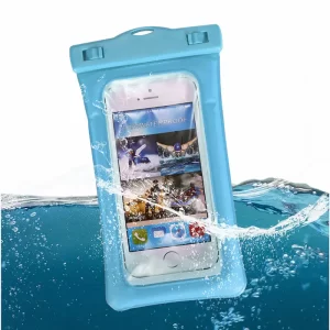 A water resistant pouch phone holder soaking in water