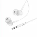 A white in-ear hands free headphone with 3.5 mm jack