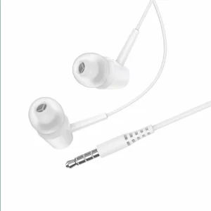 A white in-ear hands free headphone with 3.5 mm jack