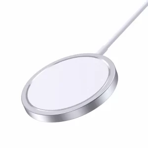 A silver magnetic wireless charger