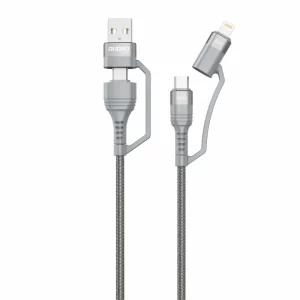 A grey 4 in 1 multifunctional cable with type-C, lightning and USB heads