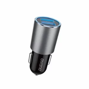 A dual USB car charger half grey half black