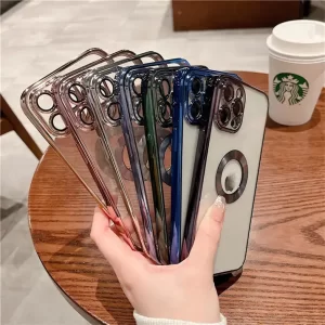 A hand is holding a bunch of electroplated transparent phone cases in different colors