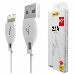 A white lightning to USB cable with its packaging