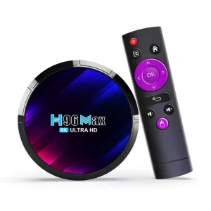 A round black color android TV box with its remote control standing together