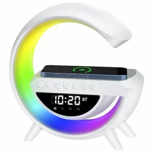 A G shape LED night lamp and clock with a wireless charging surface and a built-in Bluetooth speaker