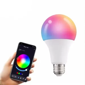 A smart light bulb and a hand holding a smart phone adjusting the bulb light with its app