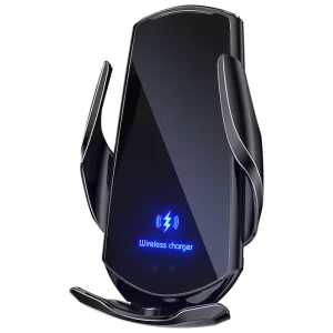 A black smart sensor wireless car charger with a blue LED light showing wireless charger