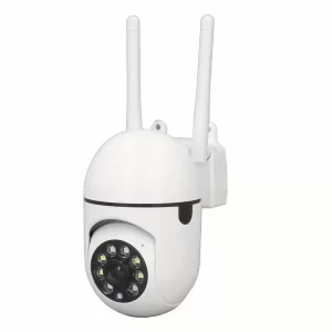 A white indoor security camera rotatable with two antenna and infrared lights