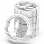 A few white type-c to type-c cables circle wrapped stacked on top of each other