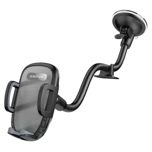 A black car phone holder for windshield with a long neck and a stop on the dashboard