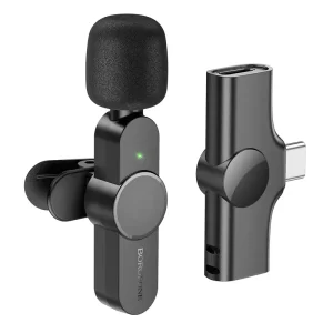 A black lavalier wireless microphone with its receiver for type-C phones