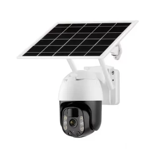 A solar power security camera with 2 antenna and a solar panel