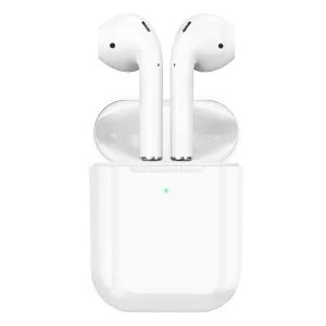 A pair of white 2nd gen airpods with its charging base