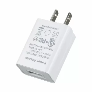 A white 1amp wall charger with USB port