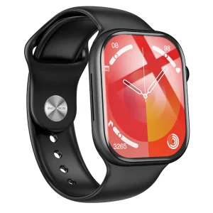 A black smart watch with a red screen and black silicone band