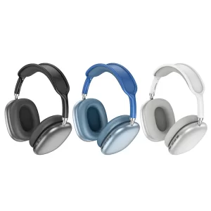 3 Wireless headphones in black, blue and silver colour beside each other