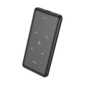 A black wireless power bank with charging light indicator