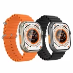 Two smart watches with black and orange bands beside each other