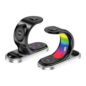 A black wireless charging stand for phone. watch and airpod, showing its front and back