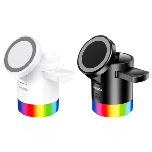 Two wireless charging stations black and white with colourful LED light at their bottom