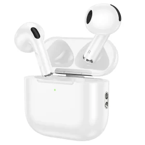 A pair of Airpods 4 and its charging base